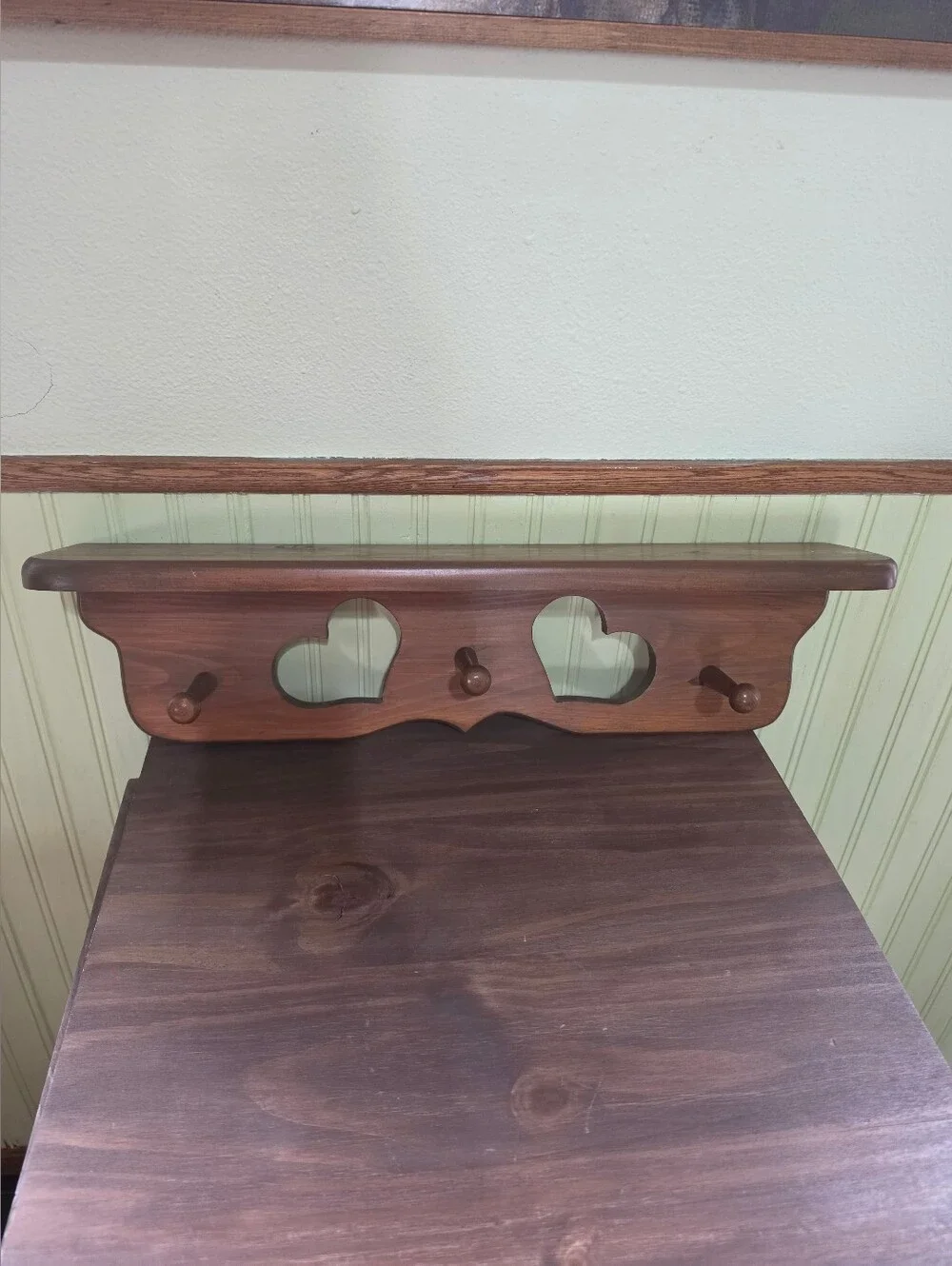 Vintage Wood Wall Shelf Heart Cutout 3 Pegs 21.5